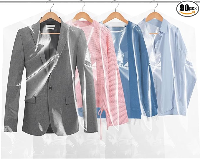 90 PCS Dry Cleaner Bags Plastic Clear 35.4 Inches,Garment Bags for Hanging Clothes Plastic Garment Bags Clear Clothes Covers Dry Cleaner Bags Hanging Dust-proof(60x90cm)