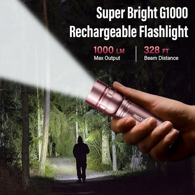 Flashlight Rechargeable High Lumens, G1000 Super Bright Flash Light Pink, Small Zoomable LED Flashlight with 3 Lighting Modes, Portable Tactical Flashlight for Camping Essentials, Gifts for Women