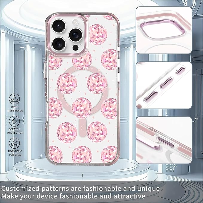 Case for iPhone 16 Pro Max,[Compatible with MagSafe],Disco Balls Pink Phone Case Design，for Women Girls Magnetic Clear Cover - Slim, Sleek, & Shockproof Protection