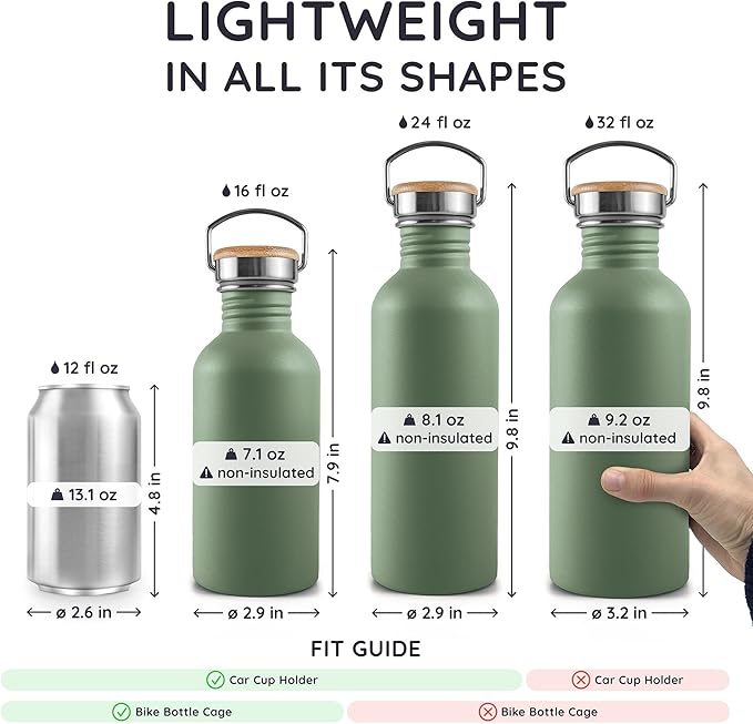 Bambaw Stainless Steel Water Bottle - Non-Insulated, Reusable Metal Sports Bottle, Sage Green/Grey