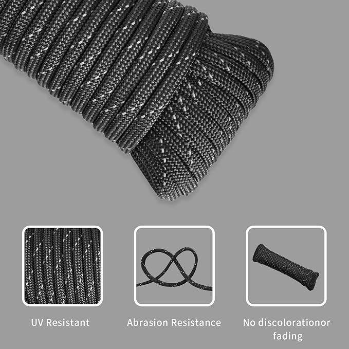 Paracord Rope, Reflective III Parachute Cord 7 Strand Core 550lb, 100ft Black - High Visibility Abrasion Resistant Easy to Tie, Multi-Purpose Rope for Camping Survival DIY