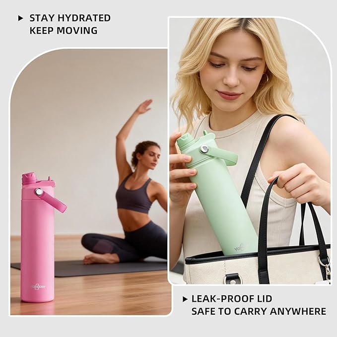 26oz Insulated Water Bottle with 2-in-1 Straw and Spout Lid, 304 Stainless Steel Water Bottle Keep Cold for 24H,Leak-Proof,Sports Water Bottle with Braided Carry Strap for Travel,Outdoors, Mint Green