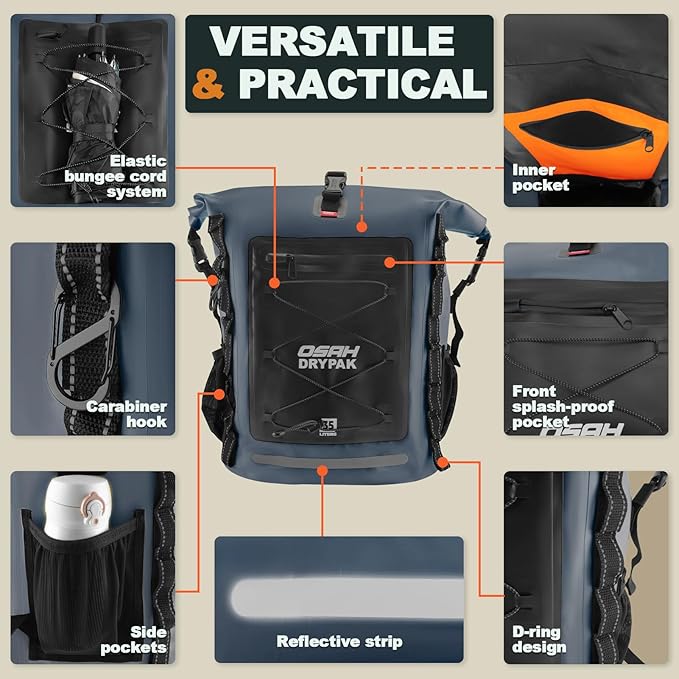 OSAH DRYPAK Waterproof Backpack Dry Bag 25L/35L/55L/85L – Heavy Duty Roll-Top Hiking Backpack Sack Keeps Gear Dry for Travel, Kayaking, Boating, Camping, Rafting and Fishing
