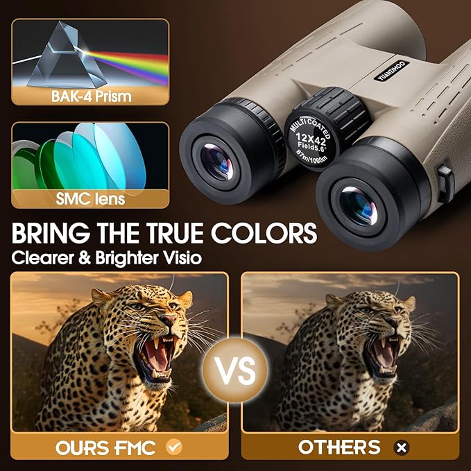12x42 HD Binoculars for Adults High Powered Binoculars with Upgraded Phone Adapter Waterproof Compact Binocular with Low Light Night Vision for Bird Watching Hunting Outdoor Sports Concerts Green