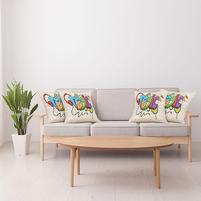 Ambesonne Music Throw Pillow Cushion Case Pack of 4, Illustration of Graffiti Style Lettering Headphones Hip Hop Theme on Beige Bricks, Modern Accent Double-Sided Digital Printing, 18", Tan Green