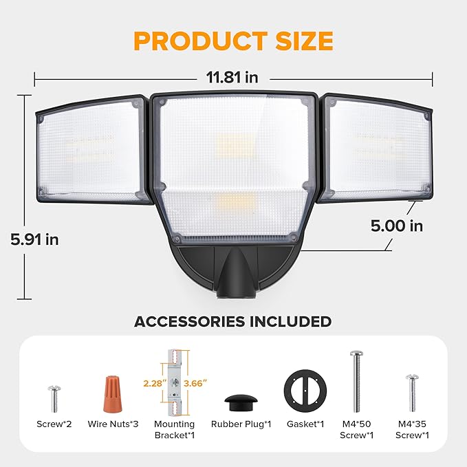 LUTEC 80W Dusk to Dawn Flood Lights Outdoor, 9000LM Super Bright LED Security Light with Photocell, IP65 Waterproof, 5000K Daylight, Hardwired 4 Heads Floodlight for Garage, Yard (Black)
