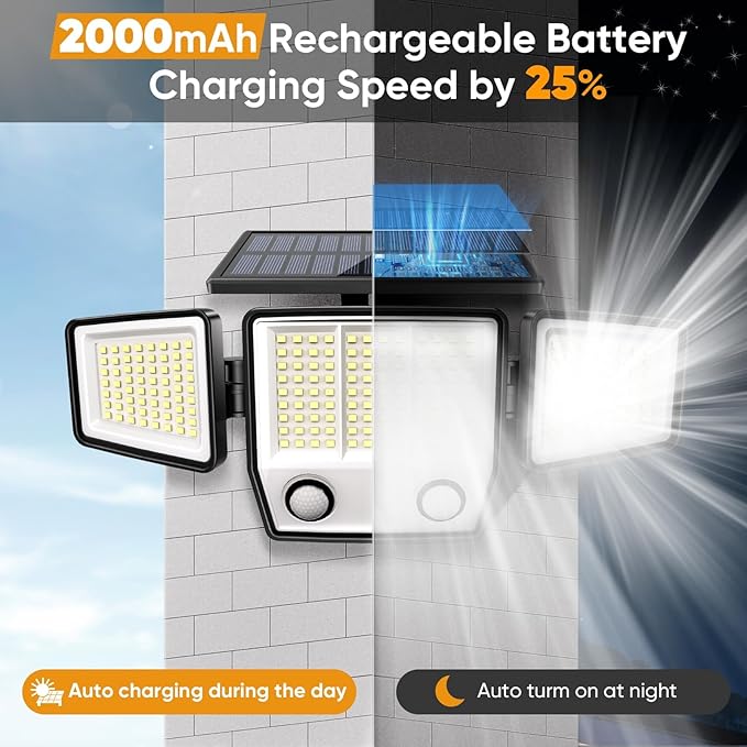 MDCMDCM Solar Motion Sensor Outdoor Lights Waterproof - 3000LM 3 Modes Security Lights Outdoor 270° Illumination IP65 LED Solar Flood Wall Light for Garden Yard Patio Pathway (with Stakes, 2)