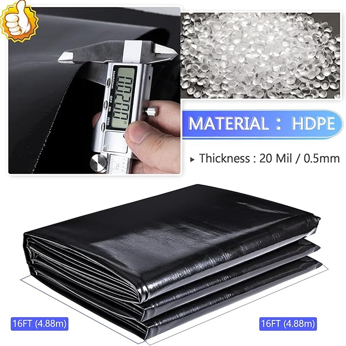 ToLanbbt Pond Liner 16 FT x 16 FT HDPE Pond Liners, 20 Mil UV Resistant Preformed Pond Liner Easy Cutting, Pond Liner for Natural Looking Ponds, Waterfall, Koi Pondsand Water Garden (Black)