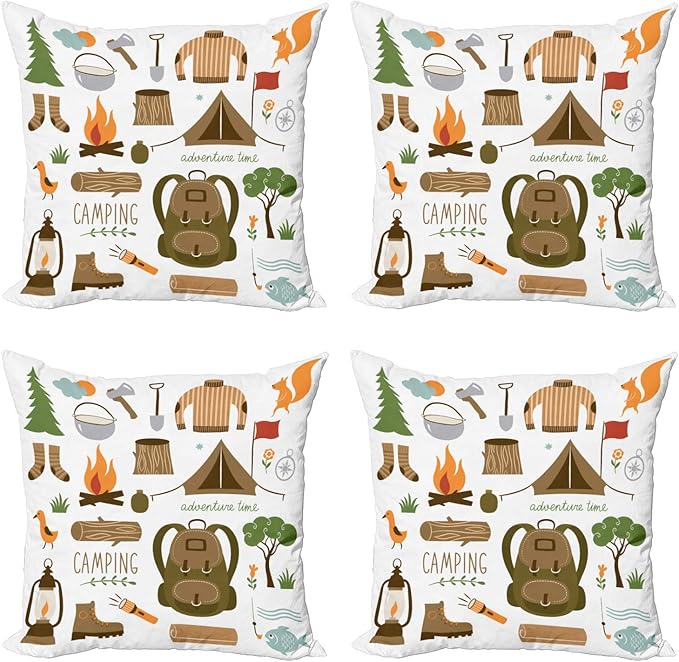 Ambesonne Adventure Throw Pillow Cushion Case Pack of 4, Camping Equipment Sleeping Bag Boots Campfire Shovel Hatchet Log Art Print, Modern Accent Double-Sided Digital Printing, 24", Cocoa