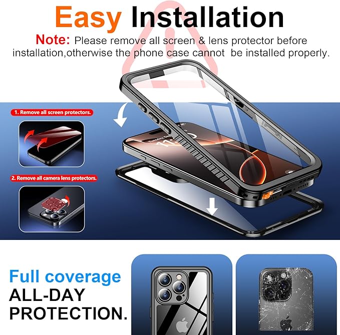 SPIDERCASE for iPhone 16 Pro Max Case Waterproof, Built-in Screen & Camera Protector [IP68 Underwater][Full Body Shockproof][Dustproof] 12FT Heavy Duty Rugged Phone Cover 6.9 inch, Black