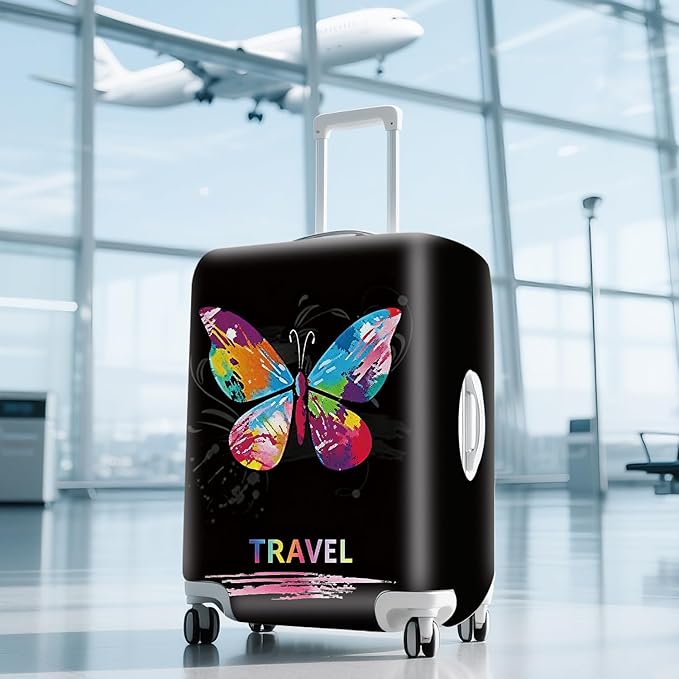 ANNA QUEEN Colorful Butterfly Travel Luggage Cover -Stretchable Airplane Suitcase Protector Sleeve,Universal Washable Fit for 20-22 Inch Checked Baggage,Water Resistant Durable Luggage Protector