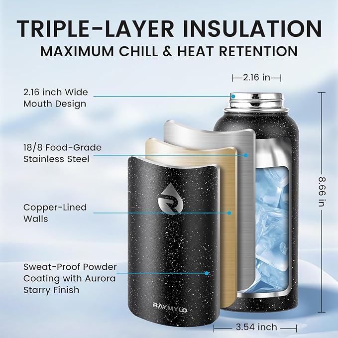 RAYMYLO Insulated Water Bottle 32 oz, Triple Wall Vacuum Stainless Steel (Cold for 24Hrs, Hot for 12Hrs), Leak Proof & Non-BPA, Modern Water Flask Jug with Paracord Handle & Straw Spout Lids