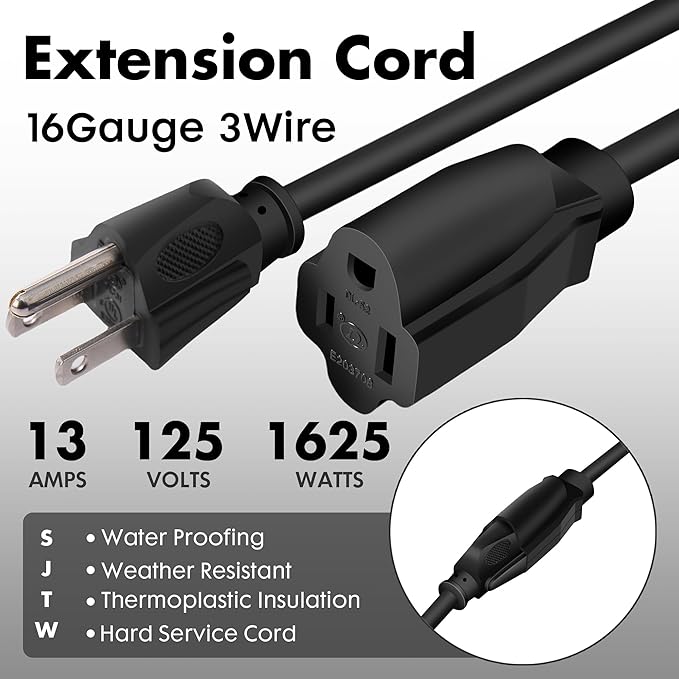 20ft Black Outdoor Extension Cord Waterproof, UL Listed, 16/3 SJTW Heavy Duty 3 Prong, 16 Gauge 13A Power Cord Ideal for Indoor Outdoor Lights, Appliances, and Lawn