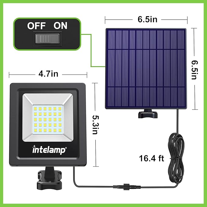 intelamp Solar Lights Outdoor, 4400mAh Solar Powered Flood Lights, Security Floodlight Dusk to Dawn Auto On/Off IP65 Waterproof for Wall Porch, Balcony, Yard, Garage Barn, Garden, Lawn
