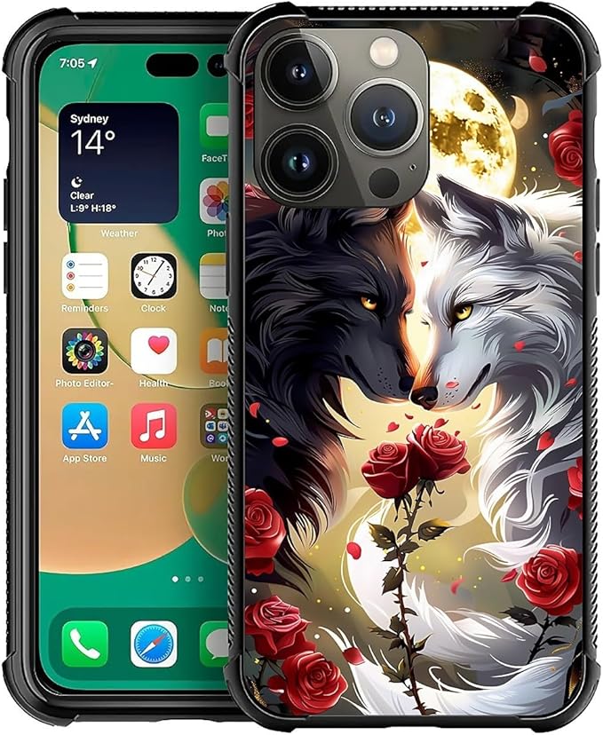 for iPhone 12 Pro Max Case, Black White Wolf Moon Flower Rose Pattern Graphic Design Girl Boy Soft Silicone Hard Acrylic Shock Protection for iPhone 12 Pro Max