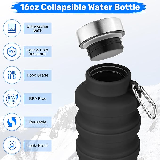 Collapsible Water Bottle, 16oz Portable Reusable Silicone Water Bottle, BPA-Free Leak-Proof Foldable Design with Carabiner, Lightweight Durable for Gym, Travel, Camping, Hiking, Sports, Light Pink