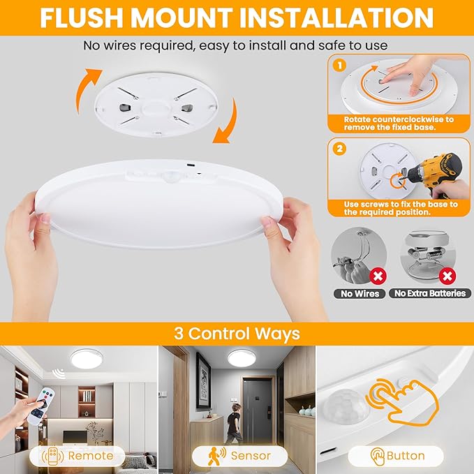 SunRider 12 Inch Rechargeable Motion Sensor LED Ceiling Light with Remote, Wireless Dimmable 3CCT Battery Operated LED Closet Lights for Stair, 2-Pack