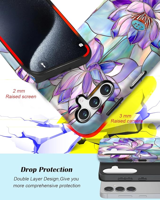 Compatible for Samsung Galaxy S25 Plus 5G Case, Dual Layer Heavy Duty 2 in 1 Shockproof Protective Phone Case,Stained Glass Lotus Flowers