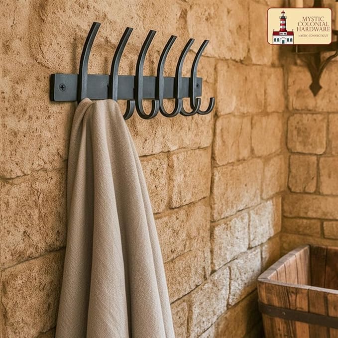 Mystic Colonial Rustic Cast Iron Wall Rack with 6 Blackened Hooks � Heavy Duty Vintage Utility Hanger for Coats, Towels, Hats & Bags � Size: 32.5?cm ? 14.4?cm, Mounting Hardware Included