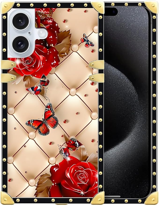 Compatible with iPhone 16 Plus Case, Shining Red Rose Butterfly Leather Background Luxury Golden Decoration for Girl Women Soft TPU Shockproof Protective Hard PC Back