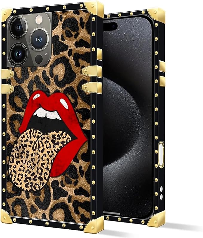 Compatible with iPhone 16 Pro Case, Brown Leopard Print Mouth Luxury Golden Decoration for Girl Women Soft TPU Shockproof Protective Hard PC Back for iPhone 16 Pro