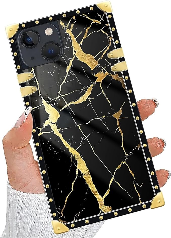 Compatible with iPhone 14 Case, Black Gold Marble Nature Luxury Golden Decoration for Girl Women Soft TPU Shockproof Protective Hard PC Back for iPhone 14