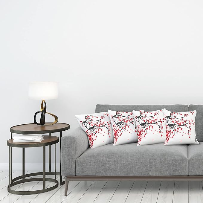 Ambesonne Nature Throw Pillow Cushion Case Pack of 4, Sakura Blossom Japanese Cherry Tree Garden Summertime Vintage Cultural Print, Modern Accent Double-Sided Digital Printing, 18", Grey Vermilion