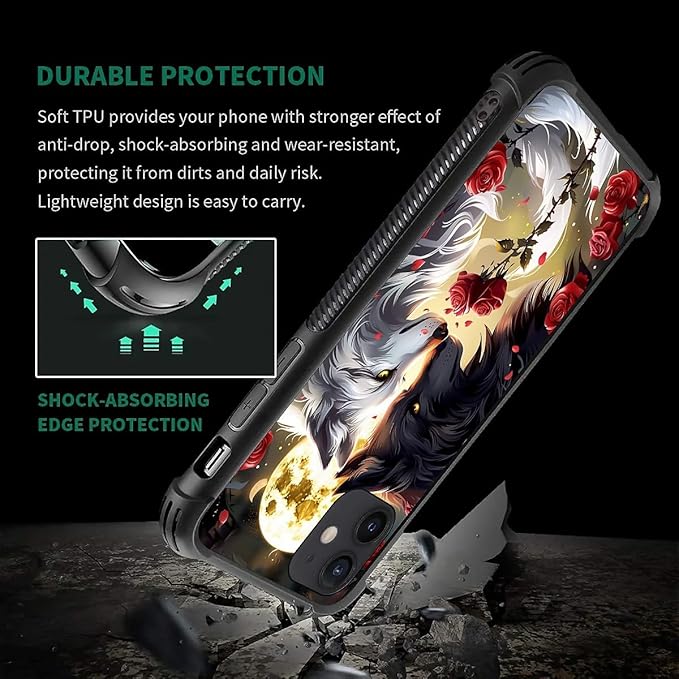 for iPhone 11 Case, Black White Wolf Moon Flower Rose Pattern Graphic Design Girl Boy Soft Silicone Hard Acrylic Shock Protection for iPhone 11