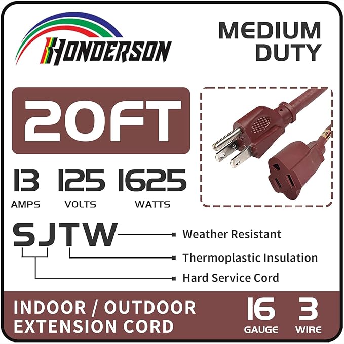 20FT Brown Outdoor Extension Cord-16/3 SJTW Durable Extension Cord for Christmas Lights with 3 Prong Grounded Plug, Great for Outside Christmas Decorations