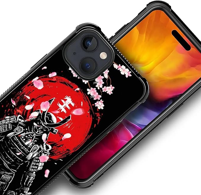 for iPhone 15 Case, Sakura Japanese Samurai Pattern Graphic Design Girl Boy Soft Silicone Hard Acrylic Shock Protection for iPhone 15