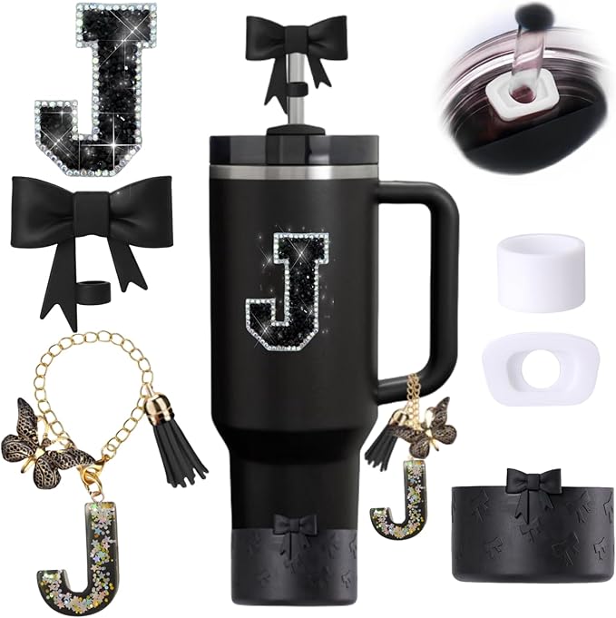 6pcs Black Stanley Cup Accessories Set, Bow Straw Topper for Stanley Cup 30oz 40oz, Including Straw Topper and Bow Silicone Boot, Stoppers Spill Proof, Handle Charm, Initials Sticker
