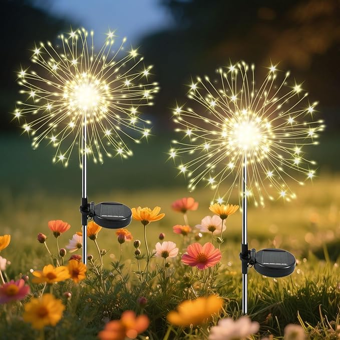 Garden Outdoor Lights, 2 Pack 120 LED Solar Garden Lights Fairy Lights Outdoor Waterproof Decorative Solar Firework Lights for Yard Patio Pathway Flowerbed Party Wedding Decor, Warm White