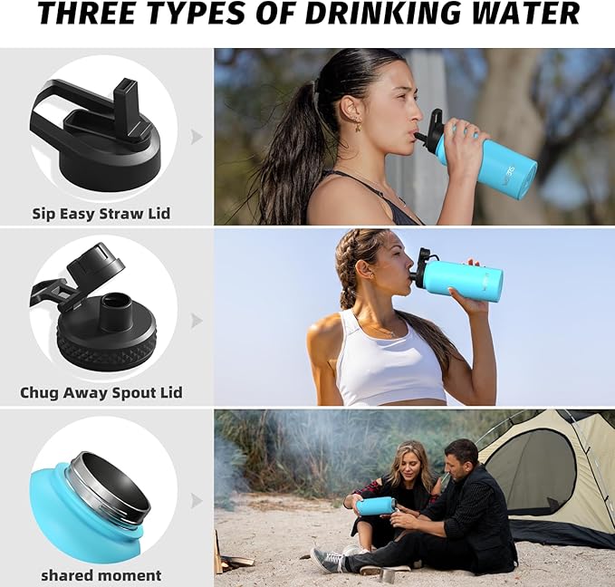 32oz Insulated Water Bottle (Cold for 48 Hrs),BPA Free&Leak Proof,Stainless Steel Water Flask,Water Jug with Straw Spout Lids for Gym,Hiking,Travel,Sky Blue