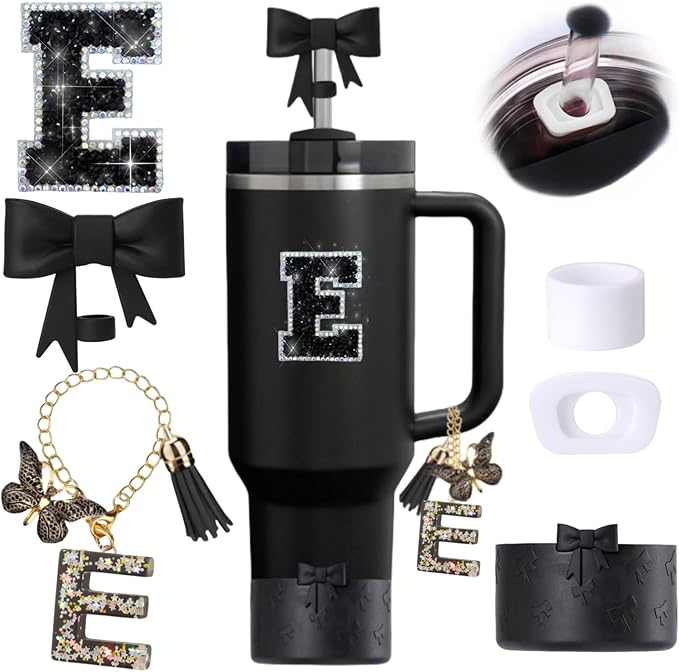 6pcs Black Stanley Cup Accessories Set, Bow Straw Topper for Stanley Cup 30oz 40oz, Including Straw Topper and Bow Silicone Boot, Stoppers Spill Proof, Handle Charm, Initials Sticker