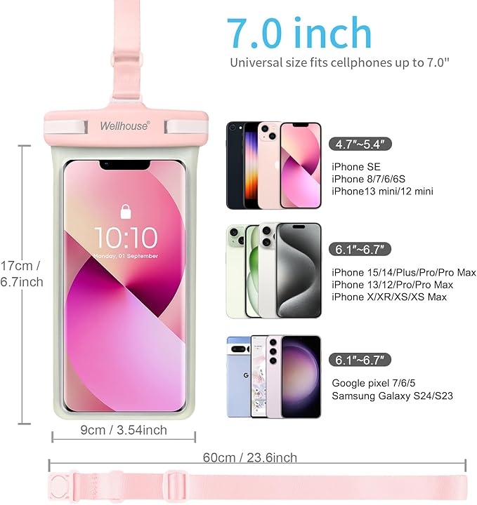 wellhouse Waterproof Phone Pouch, Waterproof Phone Case for iPhone 17 16 15 14 13 Pro Max XS Samsung, IPX8 3D Cellphone Dry Bag Beach Essentials (1 Pack - Luminous Pink7.0, 7 inch)