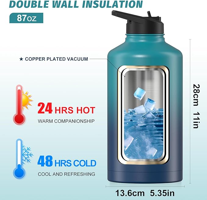 87oz Insulated Water Bottle (Cold for 48 Hrs),BPA Free&Leak Proof,1.5 Gallon Stainless Steel Water Flask,Water Jug with Straw Spout Lids for Gym,Hiking,Camping,Black Blue
