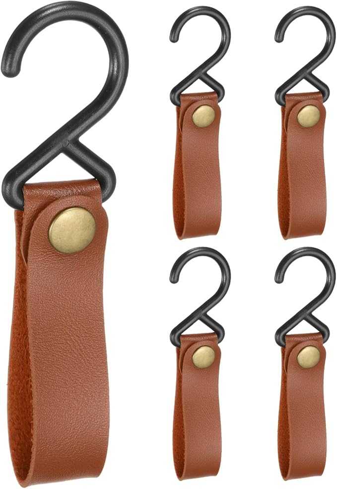 uxcell 5pcs PU Leather Hooks, S-Shape Hooks for Outdoor Camping Hanging Pots Pans Utensils Dark Brown