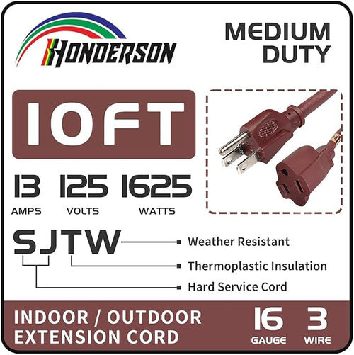 10FT Brown Outdoor Extension Cord-16/3 SJTW Durable Extension Cord for Christmas Lights with 3 Prong Grounded Plug, Great for Outside Christmas Decorations