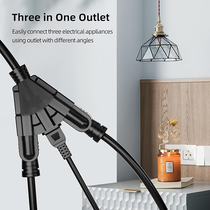 15 FT 3 Outlet Outdoor Extension Cord Waterproof, 16/3 SJTW Black Extension Cord with Multiple Outlets, Heavy Duty 16 Gauge 3-Prong Grounded Power Cable for Garden and Home Use, ETL Listed