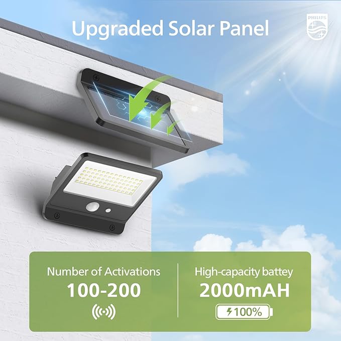 Philips Solar Security Light Outdoor LED 6500K, Solar-Powered Flood Light w/PIR Motion Sensor, Remote Control w/16ft Cable, IP65 Waterproof, 3 Modes (4)