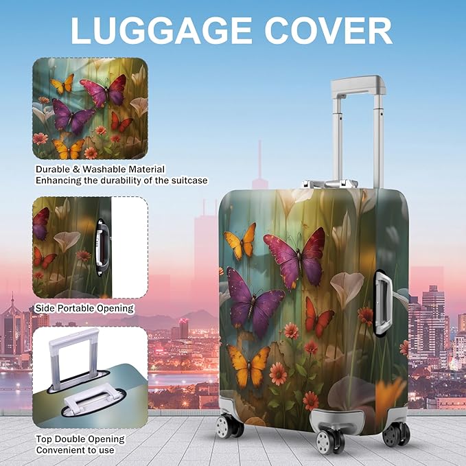 ANNA QUEEN Butterfly Garden Luggage Cover, Colorful Butterfly and Flower Suitcase Protector, Stretchable Washable Travel Sleeve for 20-22 Inch Luggage