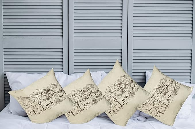 Ambesonne Western Decorative Throw Pillow Case Pack of 4, Wild West Landscape Illustration Mountains Desert Plants Cowboys on Horses, Cushion Cover for Couch Living Room Car, 18", Beige Black