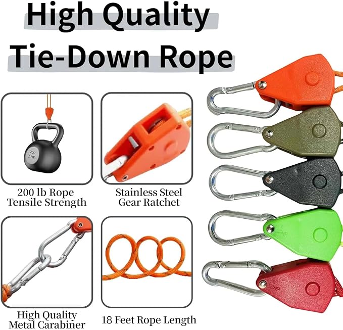 Longer 18ft Ratchet Straps Ropes Tie Down Rope Strap Small Mini Reflctive Outdoor Windproof Rope Roller Adjustable Camping Tent Hanger Grow Light Kayak Paracord 4 Pack 1/8"