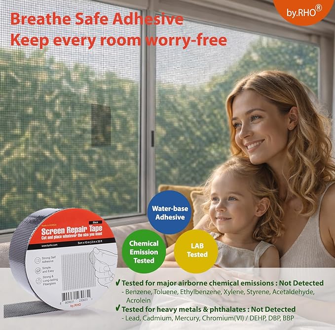 by.RHO Screen Repair Tape – Strong Self-Adhesive Window & Screen Door Repair Kit, Fiberglass Screen Patch 2"×33ft, Easy Cut and Apply, Indoor-Safe Adhesive, All-Weather (Black)