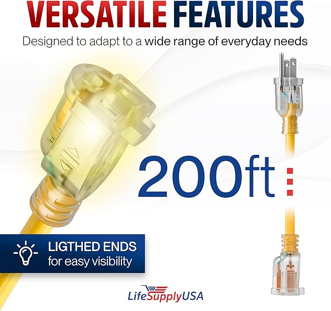 200ft Outdoor/Indoor Extension Cord 16/3 Gauge Heavy Duty 3 Prong SJTW, Waterproof, Flexible Cold-Resistant Long Power Cord,6A 125V 750W, Yellow by LifeSupplyUSA