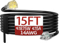 15 FT 14/3 Extension Cord Outdoor, Heavy Duty Weatherproof & Flame Retardant Black 3 Prong Power Cord with Light, Outside for Lawn & Garden, 15 Amps 1875 Watts 125 VAC 14AWG SJTW, ETL Listed