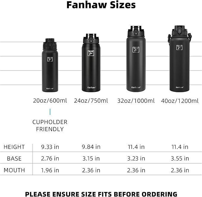 Fanhaw 24 oz Insulated Stainless Steel Water Bottle with Anti-Dust Chug Lid, Leakproof Vacuum Metal Bottle for Kids, Women & Men (Black)