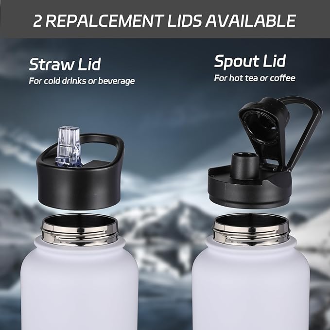 HASLE OUTFITTERS 40oz Stainless Steel Water Bottle, Vacuum Insulated Double Walled Leak Proof Sports Water Bottle with 2 Lids (Straw and Spout Lid) Thermo Mug Keep Cold and Hot(White,4)