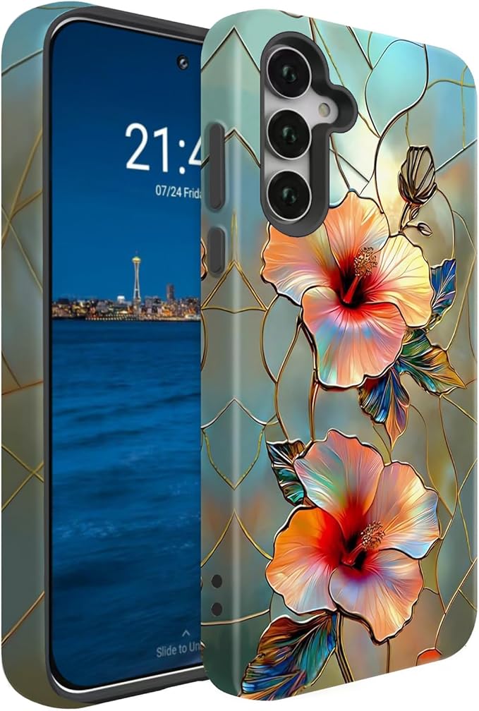 Compatible for Samsung Galaxy A57 5G Case, Dual Layer Heavy Duty 2 in 1 Shockproof Protective Phone Case,Stained Glass Floral Hibiscus