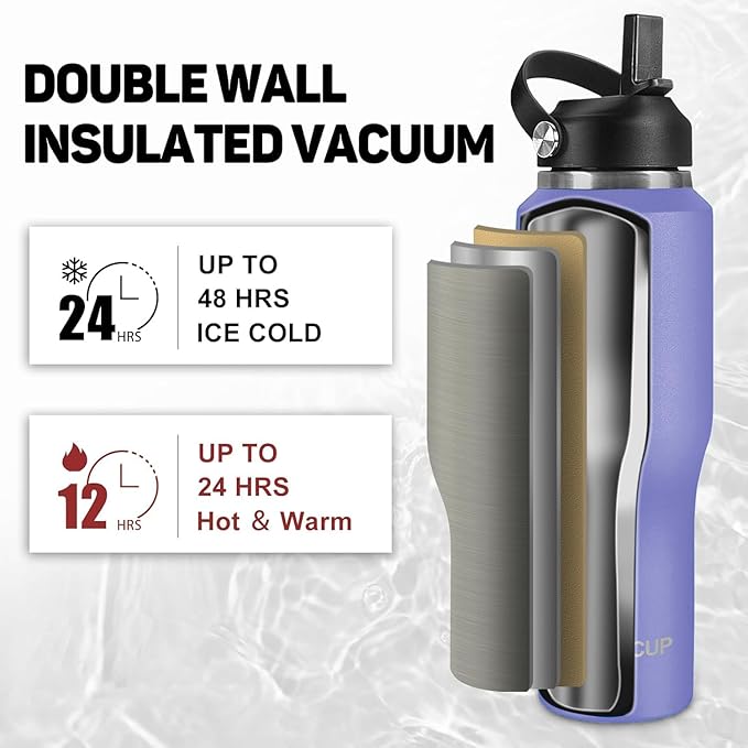 ABOTOCUP 32oz Black Water Bottle Stainless Steel, Keep Cold 24H&Hot 12H, Water Bottle with Straw&Spout Lids, Insulated Water Bottle Double Wall Vacuum, Fit in Any Car Cup Holder, Leak-proof BPA Free